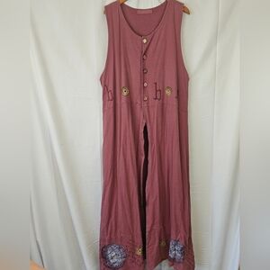 VTG Blue Fish Sleeveless Jumper Long Button Vest Hand Painted Cotton Size XL